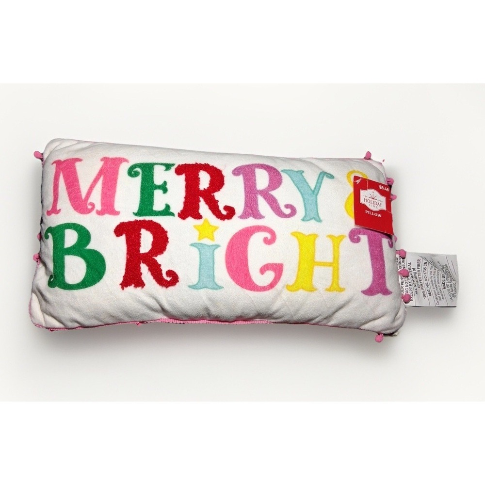 Holiday Time Merry Bright Christmas Lumbar Pillow Pink Pom Pom Trim 16x9